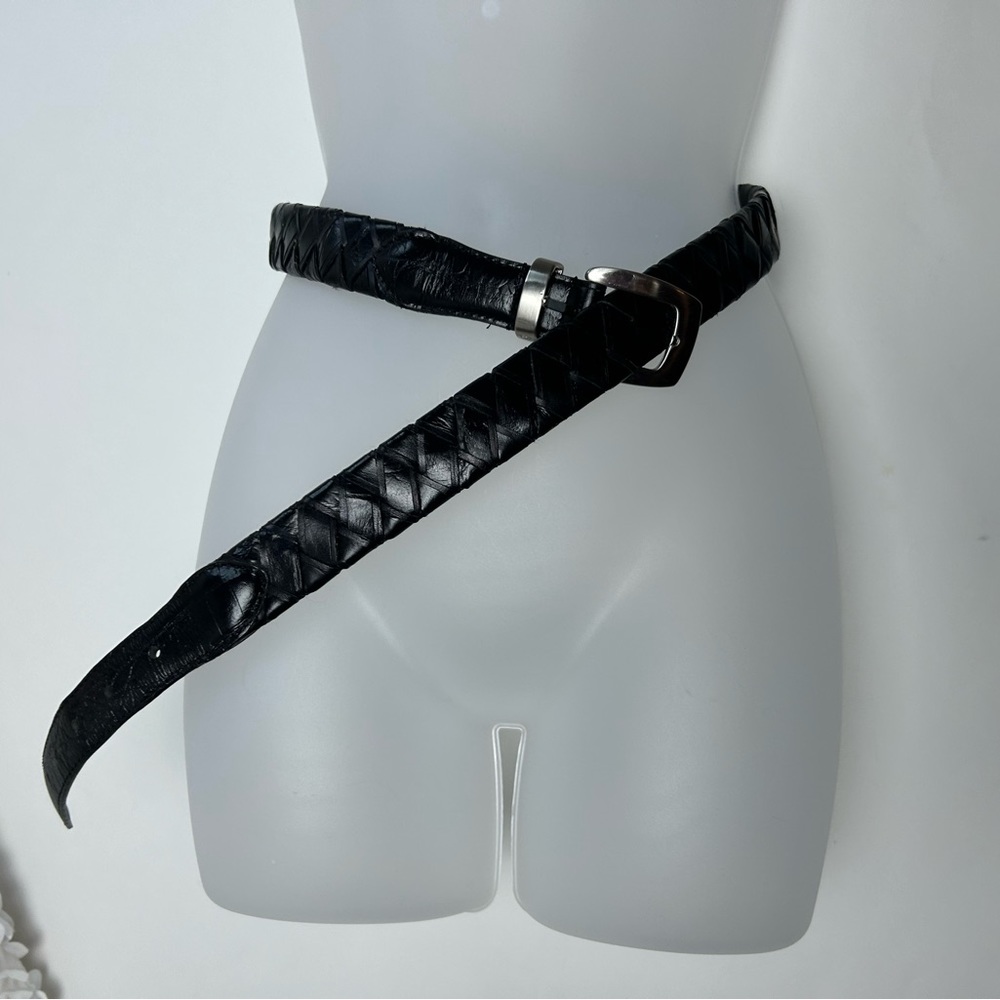 Western Black Leather Weave Pattern Belt Solid Brass Buckle